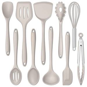 lot 15410 image: E-far 10 Pieces Silicone Cooking Utensils Set, Heat Resistant Kitchen Utensil Set for Nonstick Cookware, Kitchen Cooking Tools with Spatula, Spoon, Slotted Turner, Non-Toxic & Dishwasher Safe (Khaki)