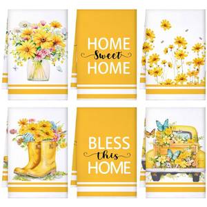 lot 16118 image: Boyiee Set of 6 Yellow Flower Kitchen Towels Decorative Floral Tea Towels Absorbent Home Dish Towels 24 x 16 Inch Truck Reusable Hand Towel Housewarming Gift for Farmhouse Kitchen Bathroom Decoration