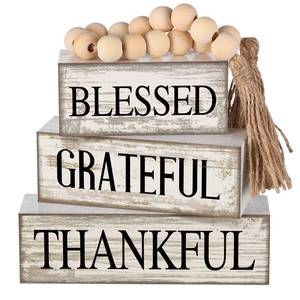 lot 16123 image: Yuntau 4 Pcs Farmhouse Wooden Tabletop Decor Farmhouse Tiered Tray Decor Rustic Retro Wood Bead Garland Blessed Grateful Thankful Block Sign Neutral Centerpiece Sign for Home Office Shelf Mantle