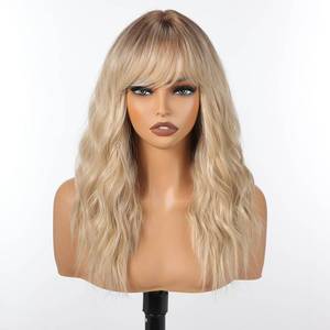 lot 16137 image: KOME Curly Bob Wig with Bangs Short Wavy Ombre Blonde Wigs for Women Bob Style Synthetic Heat Resistant Bob Wigs 14IN