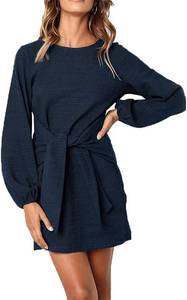 lot 16142 image: PRETTYGARDEN Womens Spring Elegant Long Lantern Sleeve Short Dress Wedding Guest Crewneck Tie Waist Knit Cocktail Dresses(Navy,X-Large)