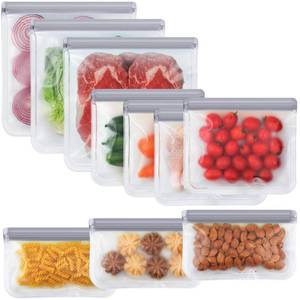 lot 16152 image: NIKUY 10 Pack Dishwasher Safe Reusable Bags, Silicone, Leakproof, BPA Free, Reusable Food Storage Bags for Lunch, Marinate, Freeze, Travel (Grey) - 3 Gallon, 3 Snack, 4 Sandwich