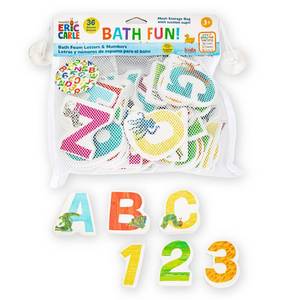 lot 16155 image: Kids Preferred World of Eric Carle Bath Time 36 Piece Foam Bath Toys Letters and Numbers Set for Toddlers and Mesh Bag Perfect for Water Play Ages 3 and Up
