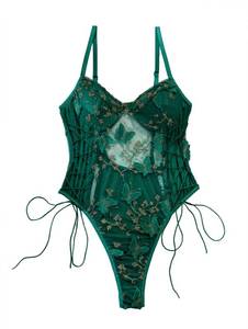 lot 16178 image: Lilosy Women Sexy Lace Up Floral Embroidered Teddy Babydoll Lingerie Bodysuit Top Mesh Sheer One Piece See Through Butterfly Army Green Medium