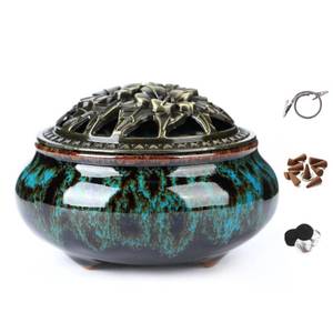 lot 16195 image: LamDawn Censer Sky Blue Incense Burner with Calabash Incense Stick Holder - Porcelain Charcoal Censer for Use with Resin Granular Powder Cone or Coil Incense (Blue Fambe)