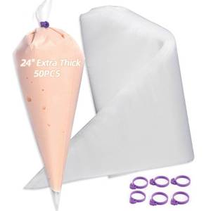 lot 16211 image: 24 Inch Extra Large Piping Bags Disposable,50 Pack Thick Pastry Bags with 6 Bag Ties, Heavy Duty Icing Bags for Frosting,Cream and Pastry Filling,Cake Decorating bags