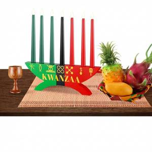 lot 16212 image: BrightRow 12 Pcs Kwanzaa Kinara Set Include 3 Red 3 Green 1 Black Candles Double Sided Wooden Candle Holder Wine Glasses Basket Kente Cloth Bamboo Table Mat for Kwanzaa Celebration Decoration
