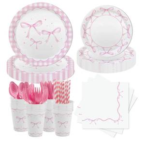 lot 19025 image: MEHOFOND 216 Pcs Coquette Disposable Paper Dinnerware Set, Pink Bow Party Tableware Decor, Paper Plates Napkins, Women Bridal Shower Bachelorette Engagement, Girls Birthday Party Decor, Serves 24