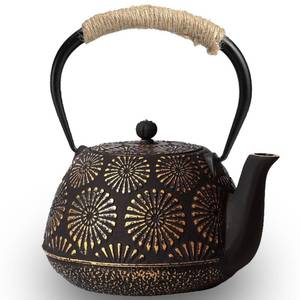 lot 19032 image: Japanese Tetsubin Cast Iron Teapot, 40oz (1200ml) Enamel-Coated Stovetop Kettle with Stainless Steel Infuser & Heat-Resistant Handle, Traditional Iron Pot for Tea Ceremony (Black Gold)