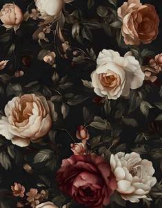 lot 20053 image: Dark Vintage Floral Wallpaper Peel and Stick, BlackWhiteRed Retro Rose Flowers Contact Paper, 17.5 x 118 Wall Paper Self Adhesive Waterproof Removable for Room Shelves Cabinet Drawer Table Decor