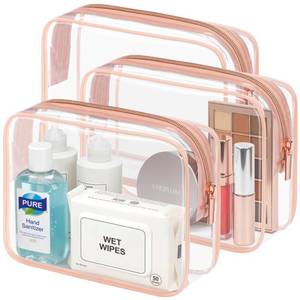 lot 20070 image: PACKISM TSA Approved Toiletry Bag - Clear Makeup Bag 3 Pack Medium, Quart Size Bag for 3-1-1 Liquids with Metal Smooth Zipper, Travel Makeup Bag for Women Men, Airport Airline Compliant Bag, Rose Pink