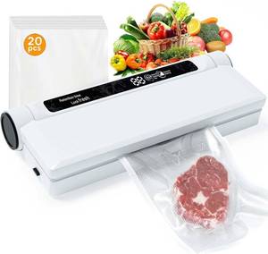 lot 20083 image: Food Vacuum Sealer Machine, 75KPA Strong Suction, DryWet Modes, 20 Vacuum Seal Bags for Food, Digital Countdown Timer, Compact Lightweight, Ideal for Home Kitchen Use