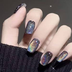 lot 20349 image: Black Press on Nails Short Square Fake Nails Press ons Glitter False Nails with Designs Colorful Full Cover Acrylic Glossy Glue on Naisl Artificial Stick on Nails for Women Decorations 24Pcs