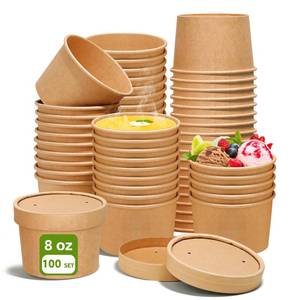 lot 3914 image: DI QIU REN 8oz Paper Soup Container Cup with Vented Lids, Disposable Paper Food Container Kraft Dessert Bowl Soup Bowls, Microwavable and Freezer Safe for Hot Soup, Ice Cream (100 Pcs - Kraft, 8 oz)