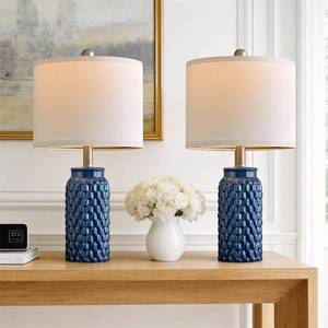 lot 3917 image: USumkky 20.5 inches Modern Ceramic Dark Blue Bedside Lamp Set of 2 for Bedroom Decor Farmhouse Table Lamp for Living Room Office Dorm