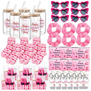 lot 3921 image: Zeyune 42 Pcs Galentines Day Gifts Valentines Gifts 6 Sets,Include Socks Glass Cup Friendship Bracelet Card Makeup Bag Heart Glasses Pink Scrunchies and Tote Bag for Women Friend Party Favors