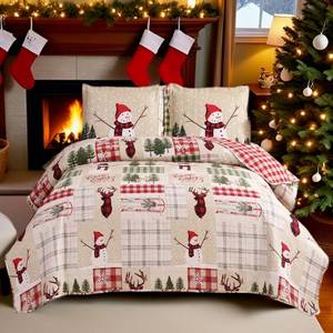 lot 3933 image: Oliven Reversible Xmas Quilts King Size Christmas Reindeer Snowmen Bedspread Lightweight Plaid Bedding Coverlet Soft Breathable Patchwork Quilt Set Holiday Bedroom Decor