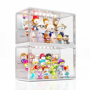 lot 3944 image: Acrylic Display Case for Collectibles with LED Light, 3 Layer Adjustable Figure Display Case with Magnetic Door, Lighted Display Box Stackable Clear Blind Box for Action Figure, Popmart, 2 Pack