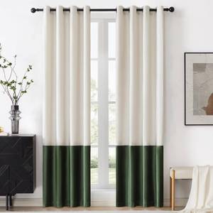 lot 3945 image: BULBUL Color Block Window Curtains Panels 108 inches Long Cream Ivory Green Velvet Farmhouse Drapes for Bedroom Living Room Darkening Treatment with Grommet Set of 2