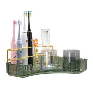 lot 4239 image: Toothbrush Holder Makeup Organizer for Vanity, 1-Tier Corner Bathroom Organizer Countertop with Makeup Brush Holder, Corner Counter Storage for Bathroom Dresser- Green
