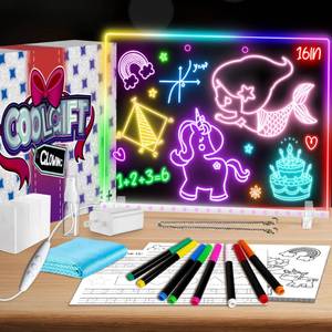 lot 4259 image: 16 Led Drawing Board for Kids with 18 Tracing Stencils - Light up Led Note Board, 2026 Birthday Gifts for Boys Girls Ages 5 6 7 8 9 10 12 Year Old, Magic Glow Art Toys for 6 7 8 9 10 Year Old, 39PCS