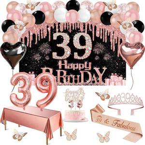 lot 4261 image: 39th Birthday Decorations for Women, 49pcs Black Rose Gold Black Happy 39th Birthday Banner, Tablecloth, Butterfly Decor, Sash and Tiara, Cake Topper, Candles, Balloons Arch