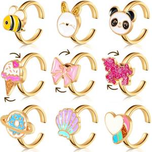 lot 4293 image: Sureio 9 Pcs Fidget Anxiety Rings Rotatable Open Ring Set Cute Colorful Spinner Rings for Anxiety Stackable Rotating Calming Worry Adjustable for Women Lady Mood Relieve Stress(Cartoon Style)