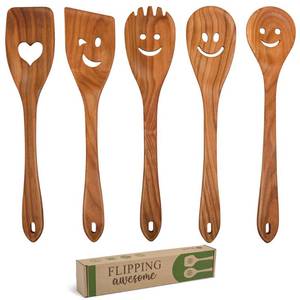 lot 4355 image: MFC 5-Piece Wooden Cooking Spoons - Kitchen Set from Natural Cherry Wood - Wooden Spoons for Cooking - Funny Utensil Set with Smiley Faces - Cooking Multipurpose Wood Utensils
