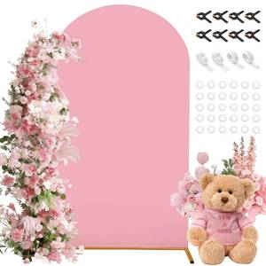 lot 4356 image: 7.2FT Arch Backdrop Cover, Pink Spandex Stretchy Round Top Arch Stand Cover Valentines Day Arch Cover with Balloon Tie Tool for Wedding Ceremony Baby Shower Gender Reveal Birthday Party Decorations