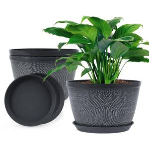 lot 5844 image: Quarut 10 Inch Flower Pots Planters for Outdoor Indoor, 3 Pack Plastic Plant Pots with Drainage Hole & Tray, Modern Decorative Garden Pot with Saucer, planters for House (Gray)