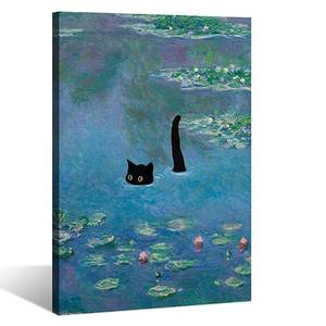 lot 5847 image: Gwindrise Black Cat Wall Art Paintings Monets Black Cat in the Water Lily Pond 12x16-Inch Framed Canvas Wall Art Print for Living Room, Bedroom, Bathroom Decor, Vintage Prints Funny Gifts