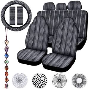lot 5888 image: Frienda 14 Pcs Baja Car Seat Covers Full Set Multicolor Stripe Boho Print Steering Wheel Cover Seat Belt Cover Crystal Hanging Ornament Car Holders Fits (Vintage Style)