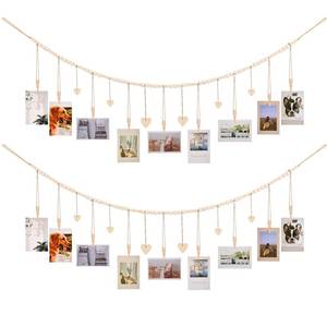 lot 6107 image: Hanging Photo Display Room Wall Decor, Boho Collage Picture Frame Christmas Cards Holder, Photo Hanger with 9 Wood Clips and 6 Wooden Hearts Tags for Home, Bedroom, Office, Nursery, Dorm Decor, 2 Pack