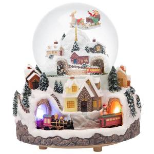 lot 6192 image: Triple Revolving Illuminated Train Musical Village Winter Scene Flying Santa Snow Globe (Jingle Bell)