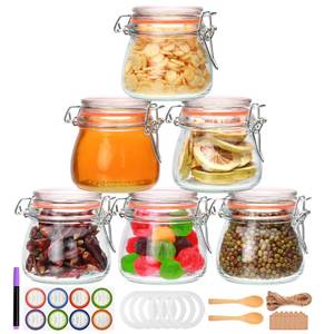 lot 6216 image: Flrolove 5oz 6pack Glass Jars with Airtight Lid, Glass Food Storage Containers with Lids, Mason Jars, Wire Clip Fastening for Cereal, Flour, Cookie, Spice, Honey, Kitchen Canning