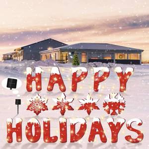 lot 7631 image: Hahood 17 Pieces Happy Holidays Yard Signs with Stakes Large Christmas Red Snowflake Lawn Signs with Solar LED Light 15.7 Inch Letters Waterproof Outdoor Lawn Decorations for Christmas Party Holiday