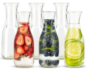 lot 7647 image: Glass Carafe Pitchers, by Kook, Mini Carafes- set of 6, Beverage Dispensers, Clear Jugs For Mimosas, Water, Wine, Milk and Juice, with Plastic Lids, Dishwasher Safe 17.3 oz