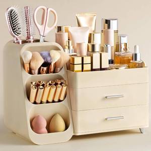 lot 7649 image: HBlife Makeup Organizer with Brush Holder for Vanity, Large Plastic Bathroom Countertop Organizer Skin Care Storage, Easy to Store Lipsticks, Nail Polishes, Perfumes, Eyeshadow Palettes, All Beige