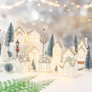 lot 7652 image: Spdmhyo 29Pcs Ceramic Christmas Village Set with Tea Light Pine Trees Xmas Street Lamp White Porcelain House Mantle Tabletop Christmas Decoration(Built in LR44)