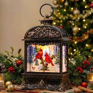 lot 7659 image: Christmas Snow Globe Water Lantern with Cardinal Scene Battery Operated or USB Powered Musical Lighted Holiday Decoration for Tabletop Display for Family and Friends