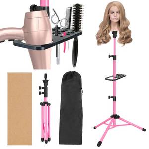lot 7665 image: ZQIAN BEAUTY Wig Stand Tripod 50 Inch Metal Wig Mannequin Head Tripod Stand For Hairdressing Training Head Adjustable Wig Tripod Stand with Tool Tray (Pink, Mannequin Head Not Included)