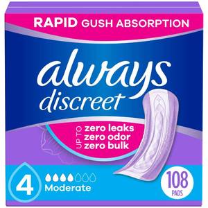 lot 7683 image: Always Discreet Adult Incontinence Pads for Women, Drier vs Poise, 4 Drop Regular Length, Moderate Absorbency, Pads for Bladder Control Management, Bladder Leaks, & Postpartum Pads, 108ct