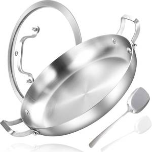 lot 7712 image: Inqibee 12 Inch Stainless Steel Paella Pan with Lid, Large Frying Pan Skillet with Double Riveted Handles, Wide Shallow Paellera for Stovetop, Induction Compatible, Oven Safe, Dishwasher Safe