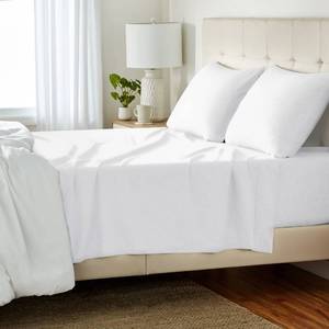 lot 7716 image: Amazon Basics 4 Piece Comfortable Cotton Jersey Bed Sheet Set, Includes Soft Flat and Fitted Sheets, Pillowcase, Queen, White, Solid
