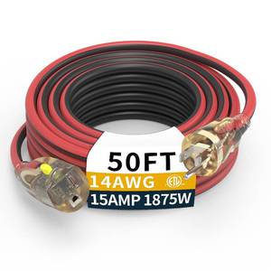 lot 7721 image: 50FT Medium Duty Outdoor Extension Cords, 143 Gauge Electrical Wire Cable, 15 Amp Waterproof, LED Lighted Locking Plug for Indoor and Outside Use, Power Cord ETL Certified
