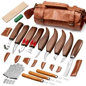 lot 8110 image: AIZMOZIA Wood Carving Kit, 17Pcs Wood Carving Tools, Professional Whittling Knife Set, Wooden Hand Knives with Sheath & Deluxe Leather Roll Bag for Beginners Adults & Starter Woodworking