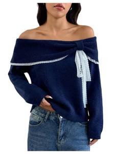 lot 8143 image: SOLY HUX Womens Off The Shoulder Sweater Pullover Lace Bow Tie Long Sleeve Knit Aesthetic Top Dark Blue Large