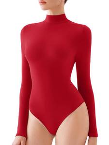 lot 8144 image: REORIA Womens Long Sleeve Bodysuits Mock Turtleneck Slim Tight Double Lined Basic Layering Body Suits Tops Christmas Outfits 2025(Red Medium)