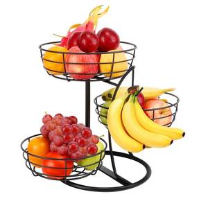 lot 8145 image: Livabber Fruit Basket Bowl with Banana Hanger, Fruit Vegetable Storage Basket with Banana Tree Holder for Kitchen Counter, Detachable Organizer for Bread Snack Produce (Black, 3-Tier Metal Base)