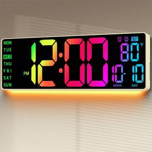 lot 8167 image: ANSOPER 16.5 Large Digital Wall Clock 11 RGB Color LED Display with Remote Control, Auto DST, Temperature & Date, Big Number Wall Clock for Seniors, Classroom, Office, Gym, Home Decor Khaki